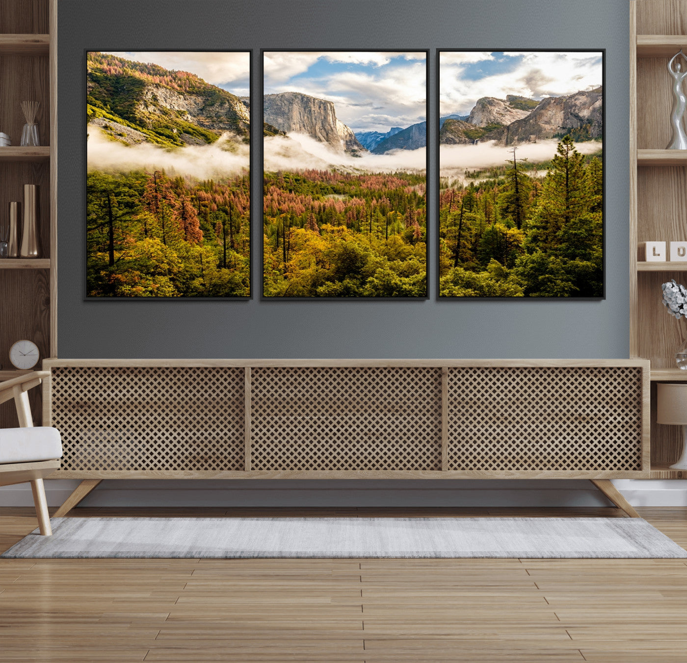 74645-MGV-FC-60X30-3P_Black-Half Dome Yosemite Canvas Wall Art – Majestic Triptych Landscape Print – National Park Nature Decor