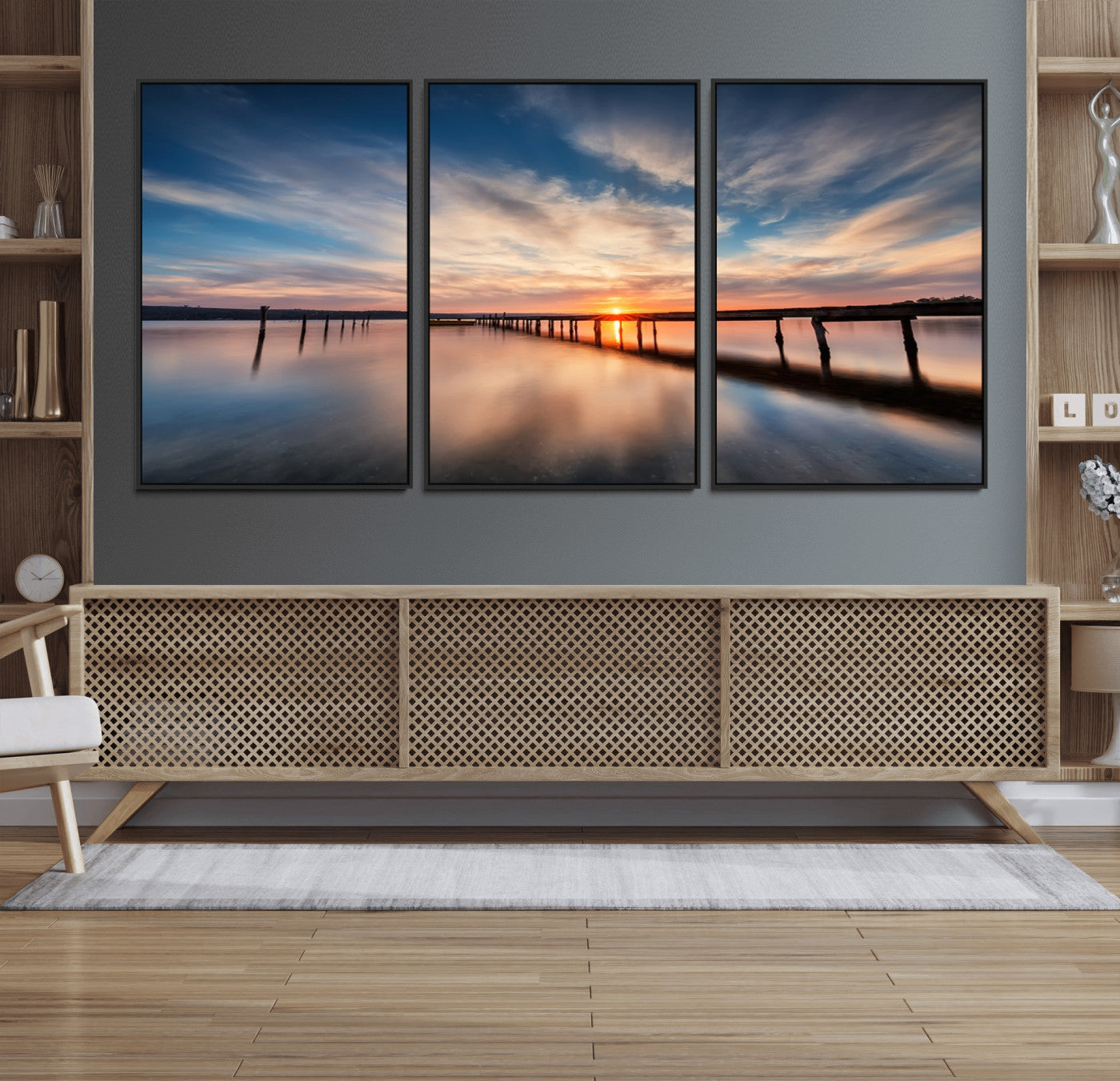 39967-MGV-FC-60X30-3P_Black-Wooden Pier on Seascape and Sunset Wall Art Canvas Print