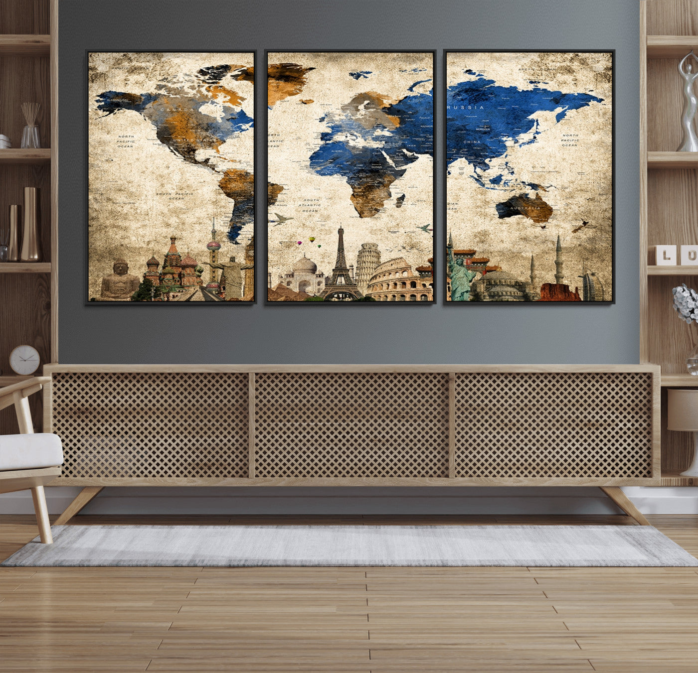 20261-MGV-FC-60X30-3P_Black-World Map Canvas Print – Vintage Blue and Gold World Map Wall Art, Framed Travel Inspired Decor for Living Room or Office