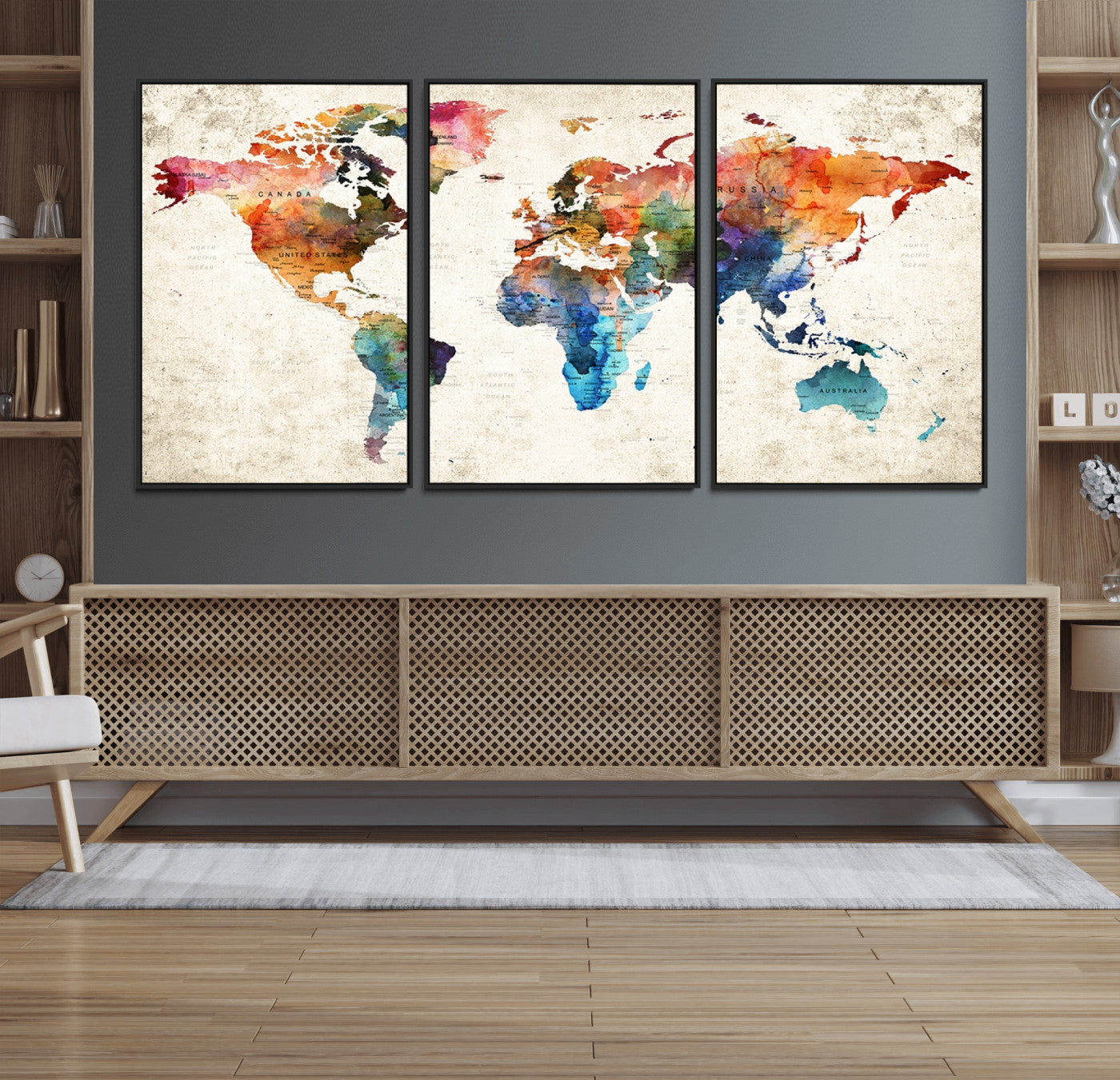 80150-MGV-FC-60X30-3P_Black-Personalized World Map Canvas Print – Colorful Watercolor Push Pin Travel Map, Framed Wall Art for Home or Office Decor