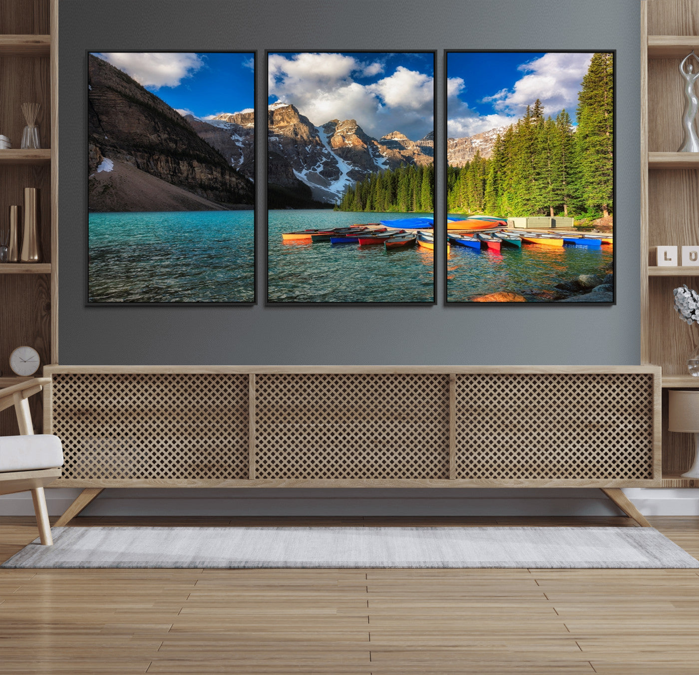 87658-MGV-FC-60X30-3P_Black-Moraine Lake 3-Panel Wall Art, Majestic Mountain and Lake Landscape Canvas Print Canoes on Moraine
