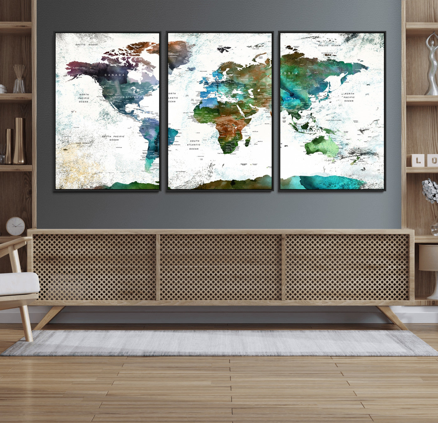 13140-MGV-FC-60X30-3P_Black-Modern Watercolor World Map Canvas Wall Art – Framed Abstract Map Print, Contemporary Travel Artwork for Elegant Home and Office Decor