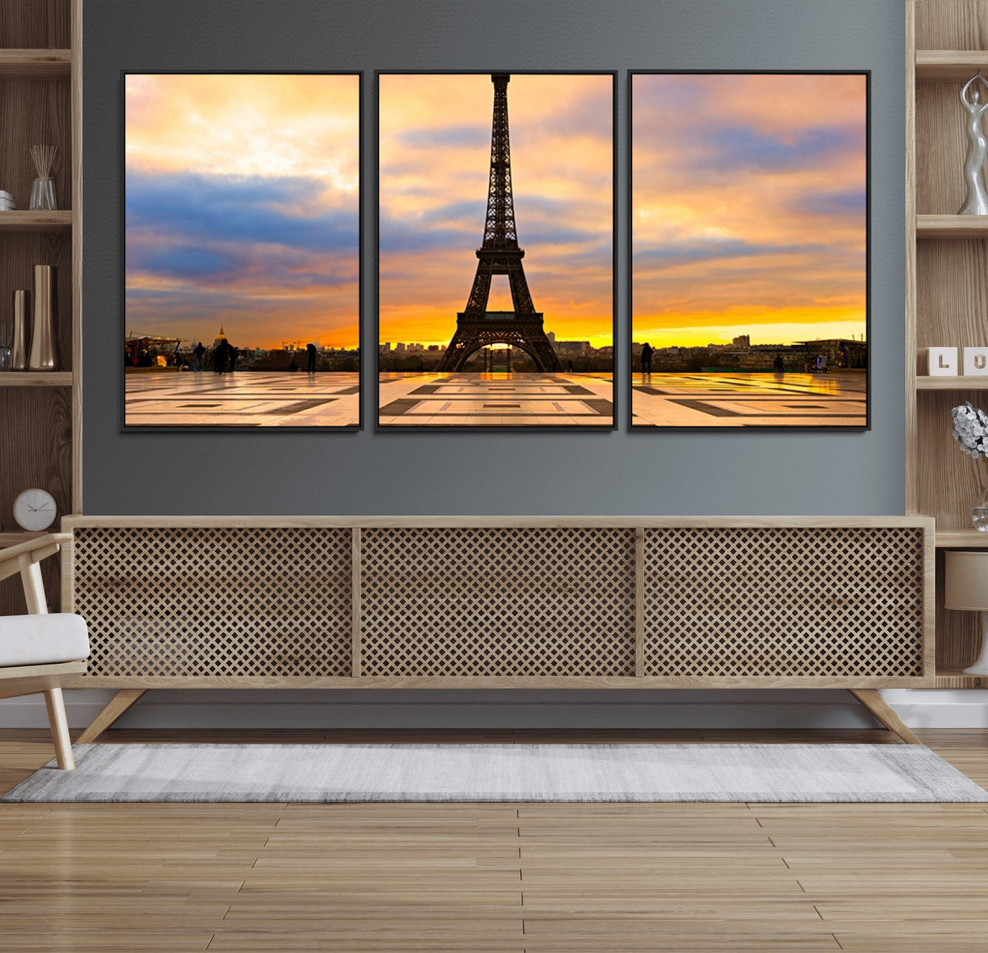 MGV-FC-60X30-3P - Paris Eiffel Tower Sunset Canvas Wall Art Print - Iconic Landmark Decor with Vibrant Colors