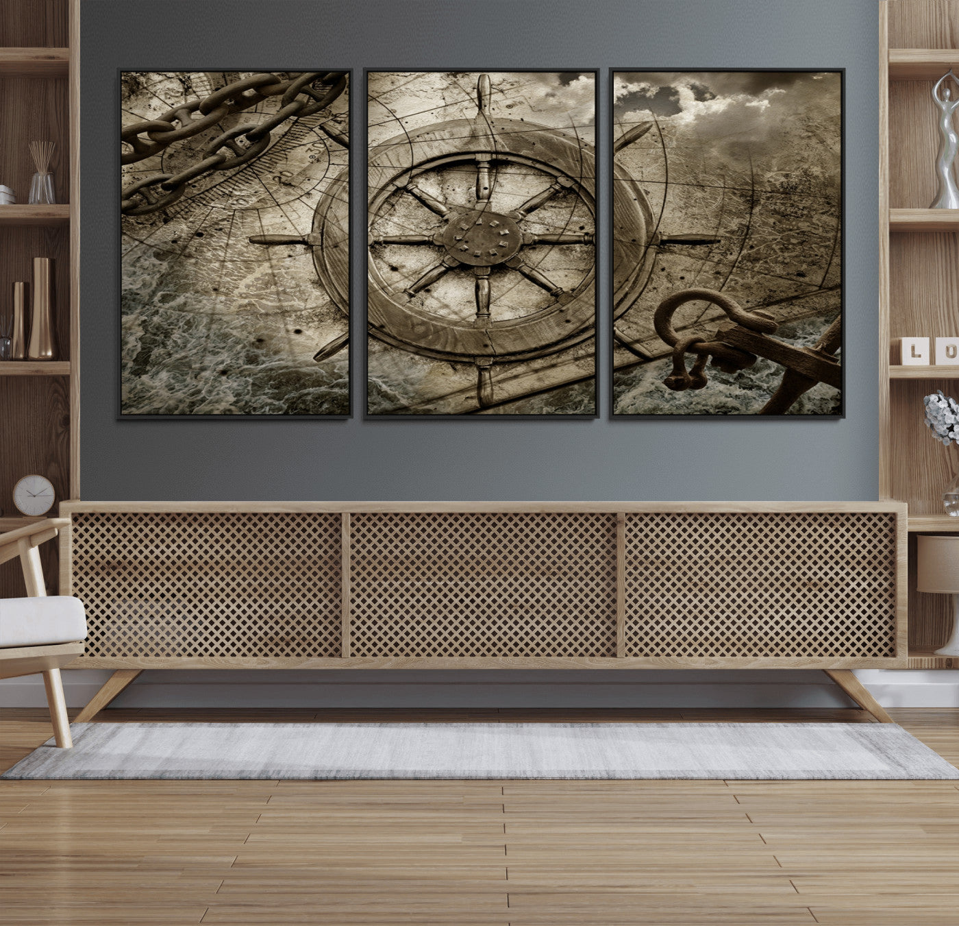98180-MGV-FC-60X30-3P_Black-Wooden Ship Wheel Canvas Print, Multi Panel Canvas Wall Art Print