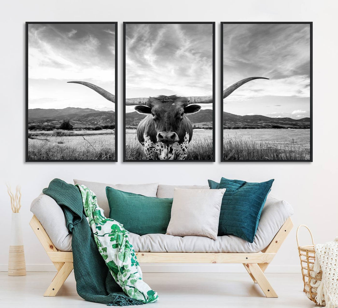 Longhorn Cow Wall Art Canvas Print Farmhouse Wall Art - Texas Longhorn Wall Art Print