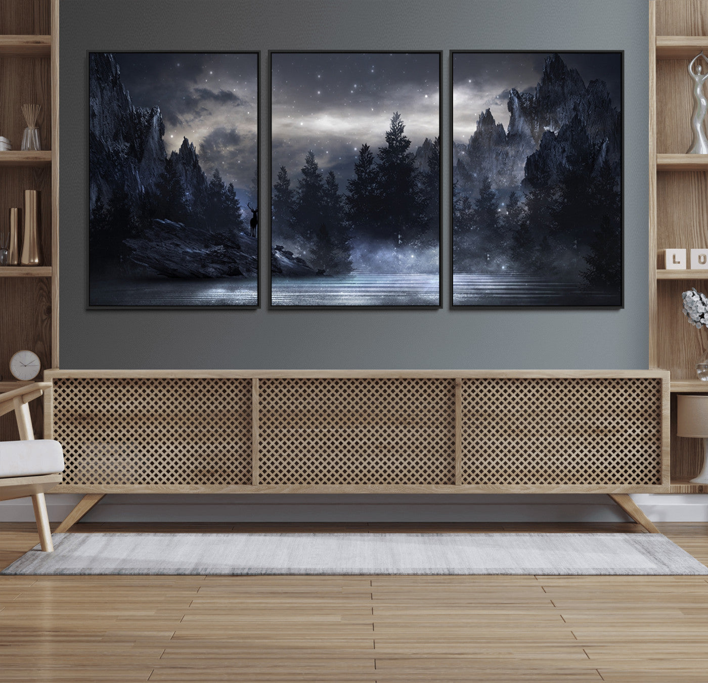 55385-MGV-FC-60X30-3P_Black-Night Landscape and Trees Wall Art Canvas Print
