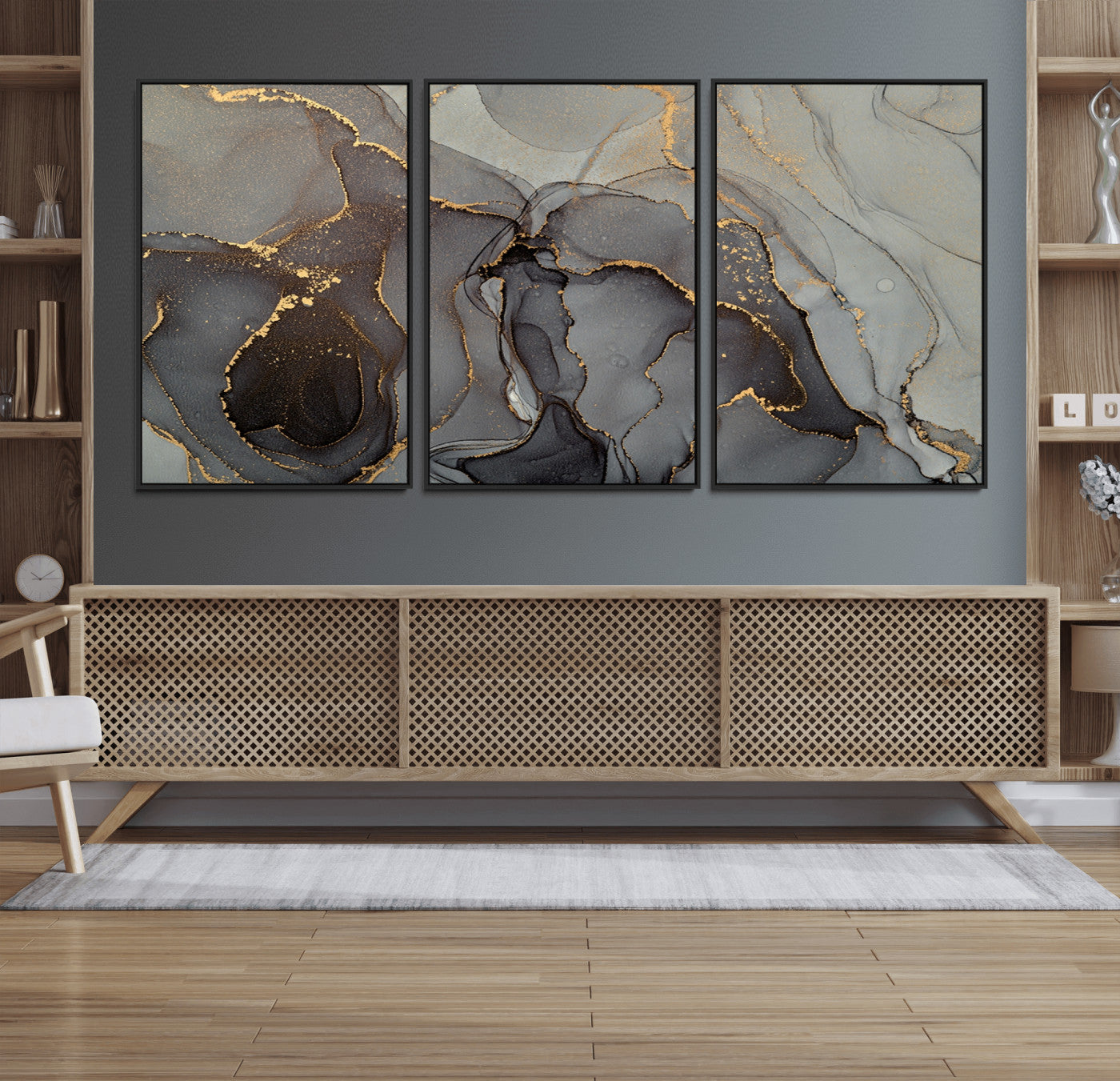 16762-MGV-FC-60X30-3P_Black-Gray Marble Fluid Wall Art – Modern Abstract Canvas Print with Elegant Flowing Patterns, Minimalist Luxury Decor for Living Room, Office, or Bedroom