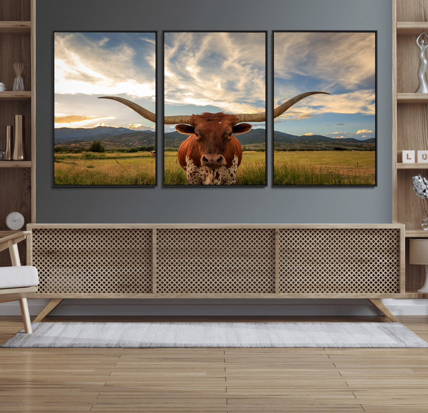 55416-MGV-FC-60X30-3P_Black-Texas Longhorn Canvas Wall Art – Majestic Triptych Animal Print – Rustic Western Decor for Living