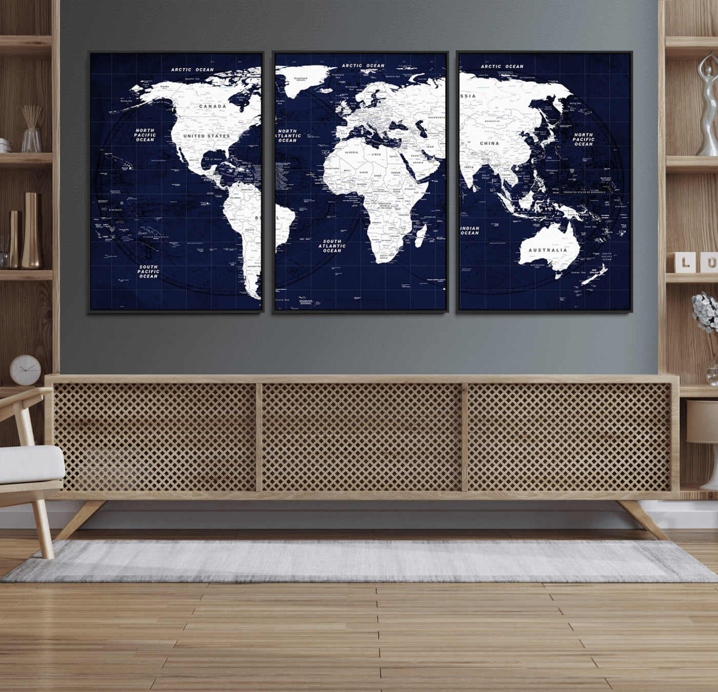 90649-MGV-FC-60X30-3P_Black-Navy Blue World Map Canvas Print – Modern Push Pin Travel Map Wall Art, Framed Contemporary Decor for Home or Office