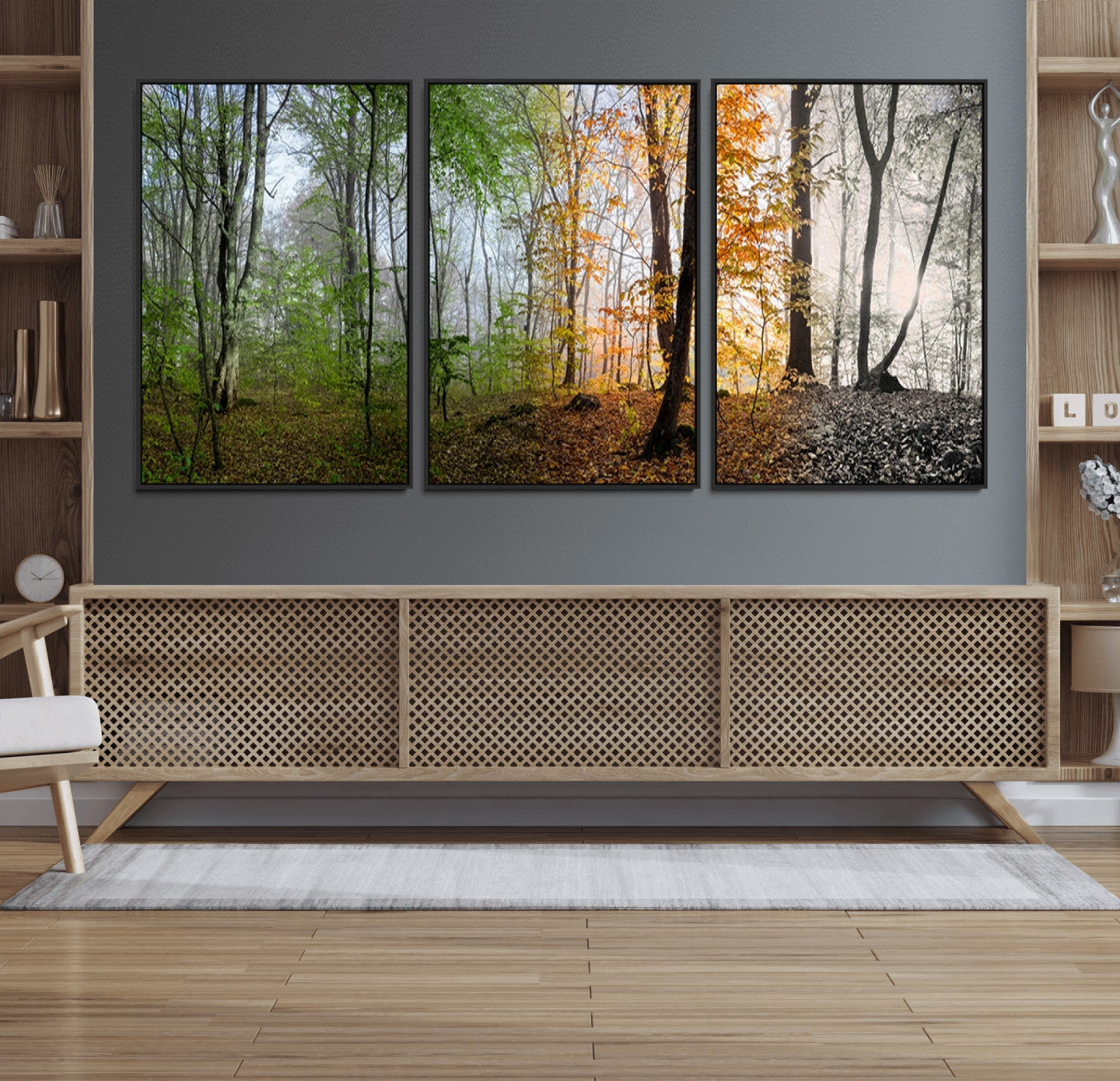 95317-MGV-FC-60X30-3P_Black-Four Seasons Wall Art Forest Canvas Print – Triptych Seasonal Nature Print – Landscape Decor for