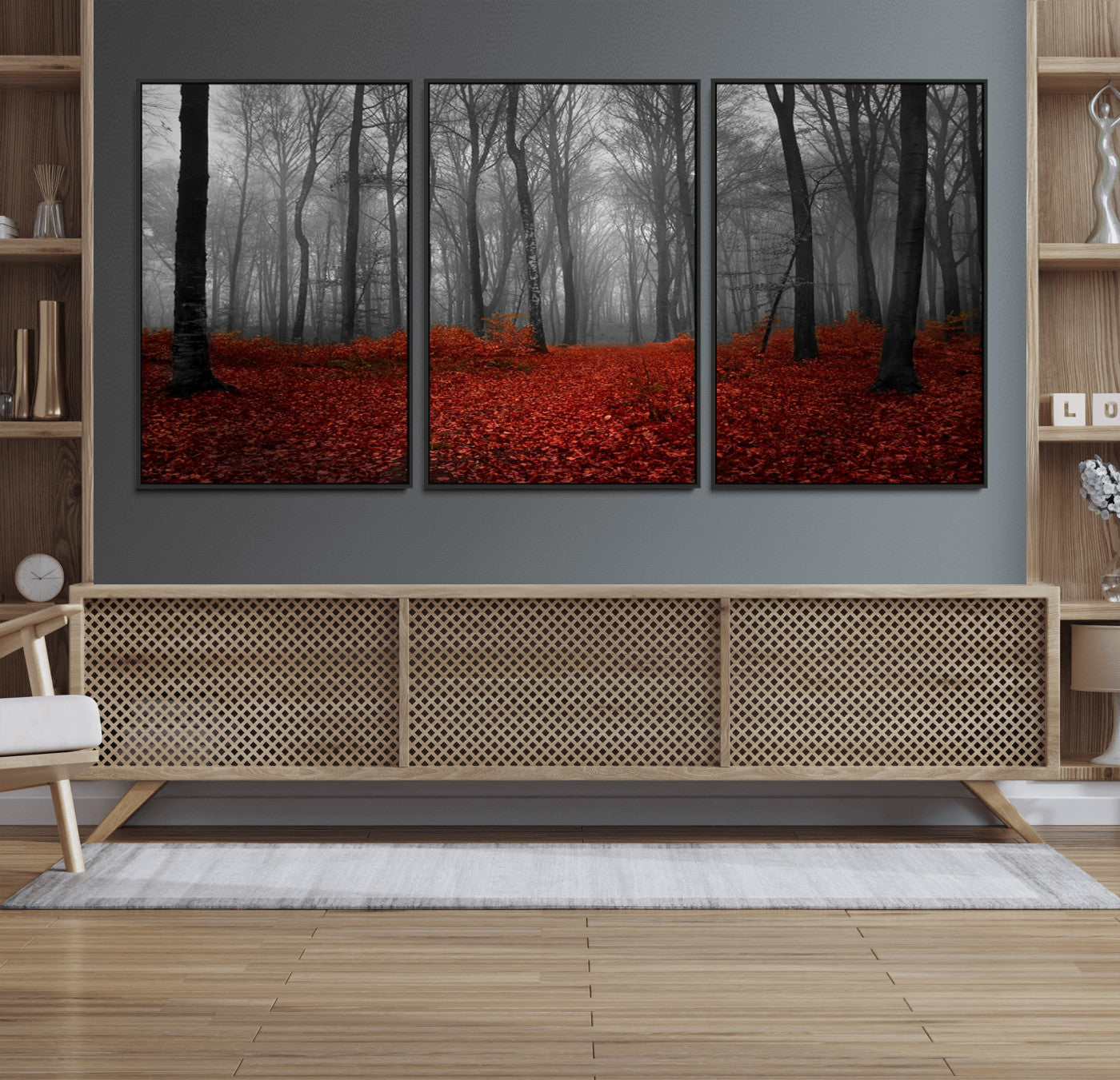 38804-MGV-FC-60X30-3P_Black-Red Forest Floor Canvas Wall Art – Mystical Foggy Woodland Triptych – Nature-Inspired Decor for