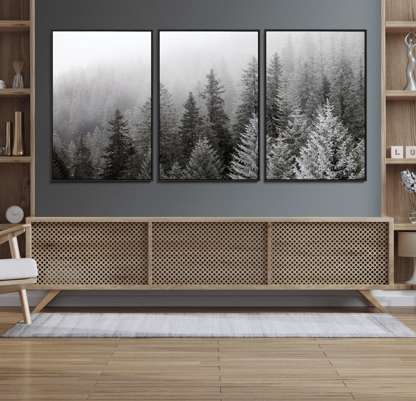 20552-MGV-FC-60X30-3P_Black-Big Foggy Forest and Misty Trees Forest Wall Art Canvas Print