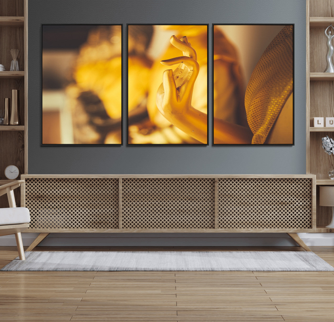 30728-MGV-FC-60X30-3P_Black-Gold Buddha Statue Hands Wall Art Canvas Print