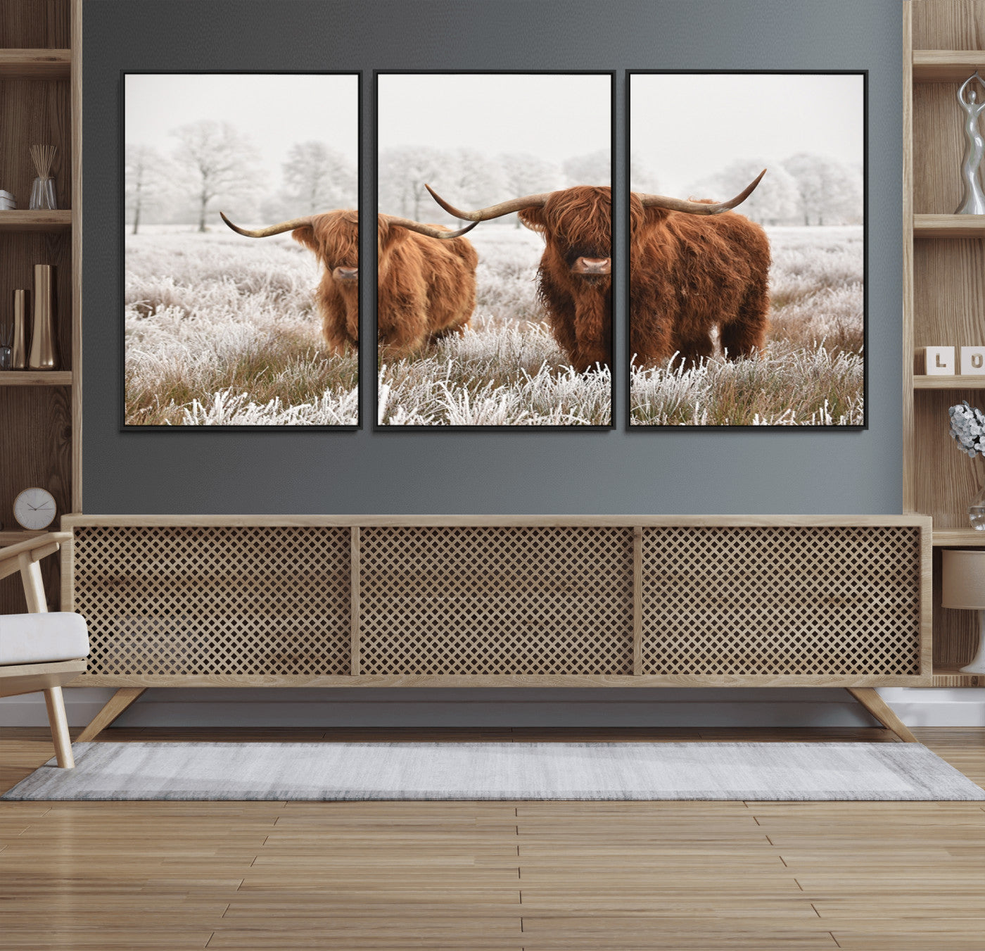 60379-MGV-FC-60X30-3P_Black-Longhorn Cattle Wall Art Canvas Print, Framed Farmhouse Style Art Picture Print, Rustic Cow Perfect Rustic Farmhouse Decor Artwork
