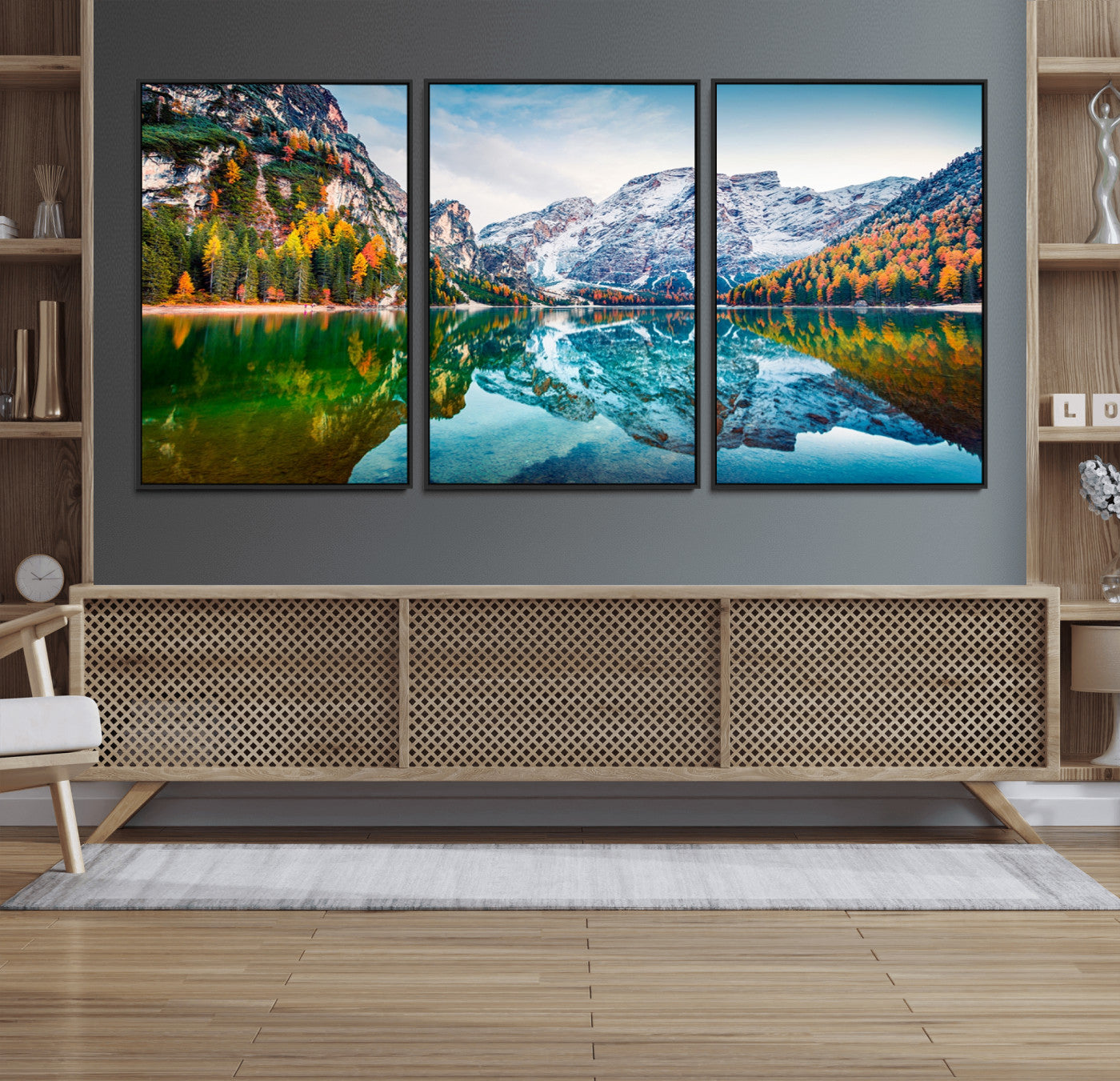 11645-MGV-FC-60X30-3P_Black-Spectacular autumn view of Braies Lake Wall Art Canvas Print
