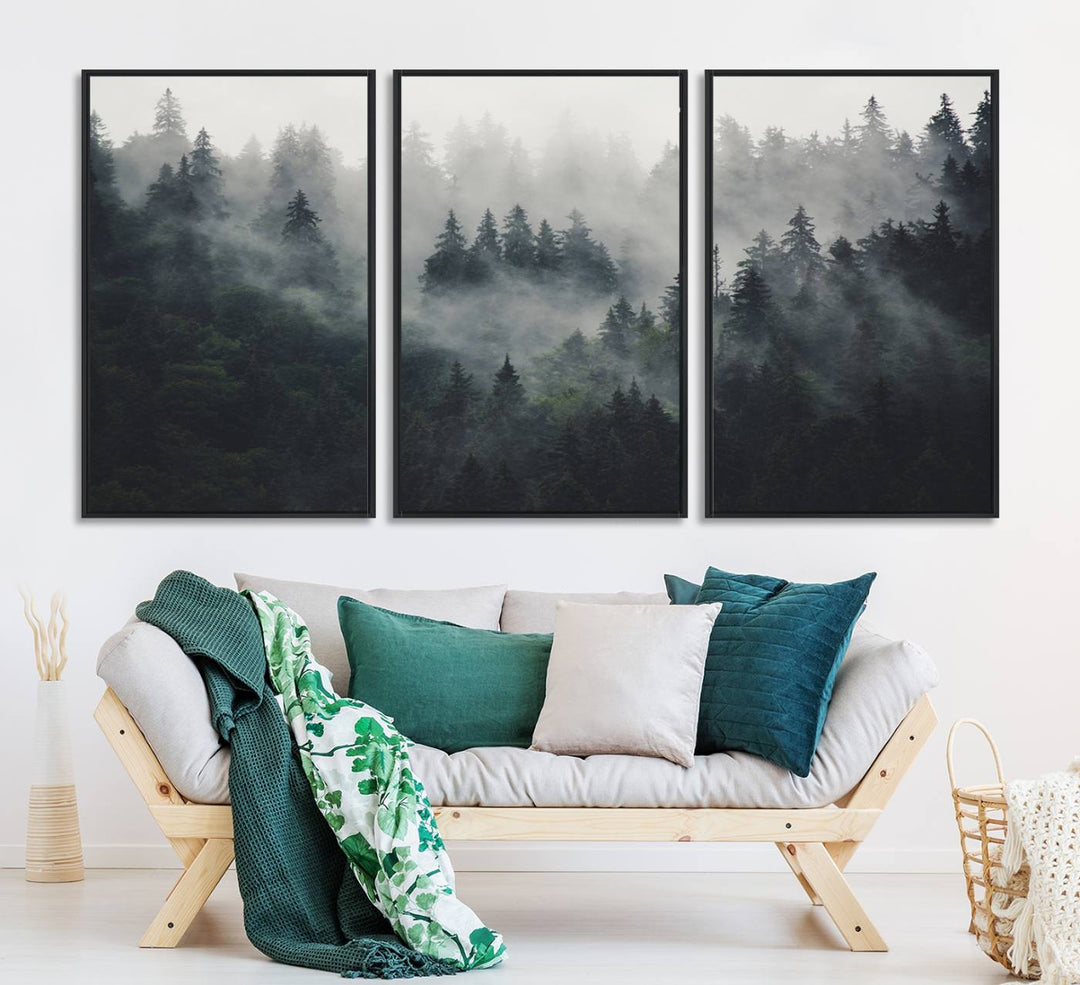 The Serene Triptych Print features tall evergreens, creating a mysterious and calming atmosphere.