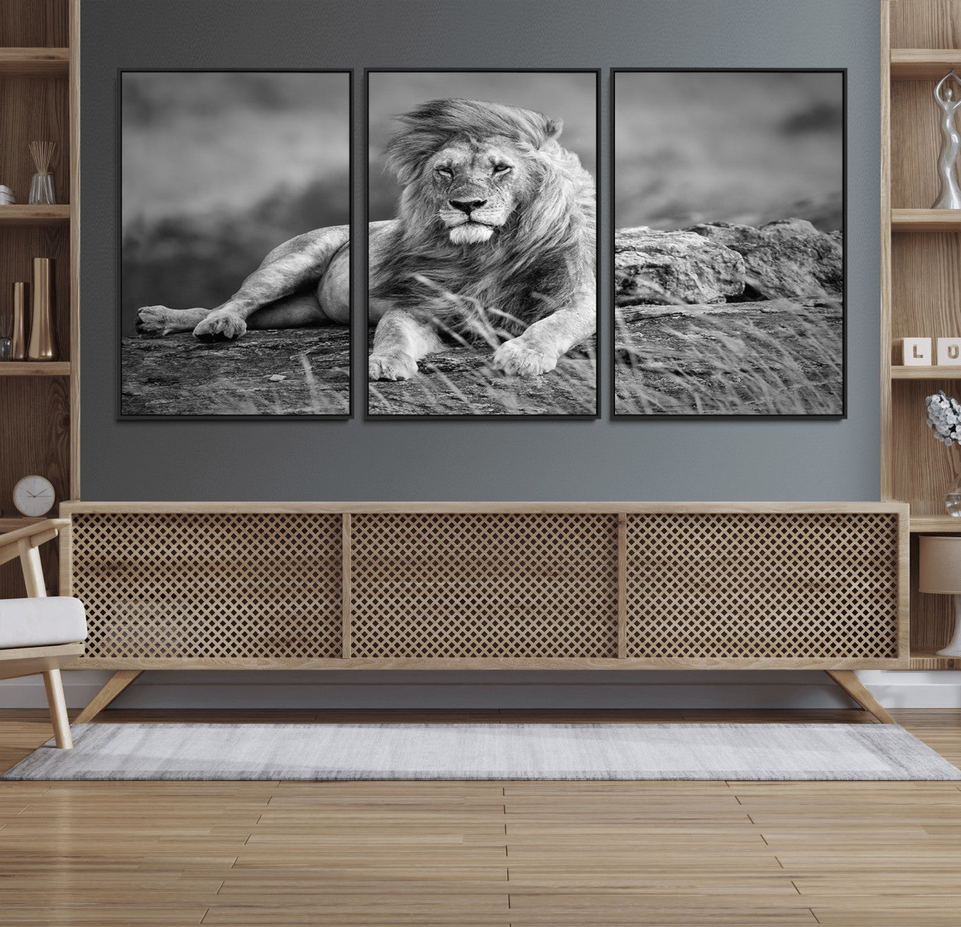 68679-MGV-FC-60X30-3P_Black-King Forest Lion Wall Art Canvas Print – Framed Majestic Wildlife Scene with Regal Lion Artwork for Home, Office