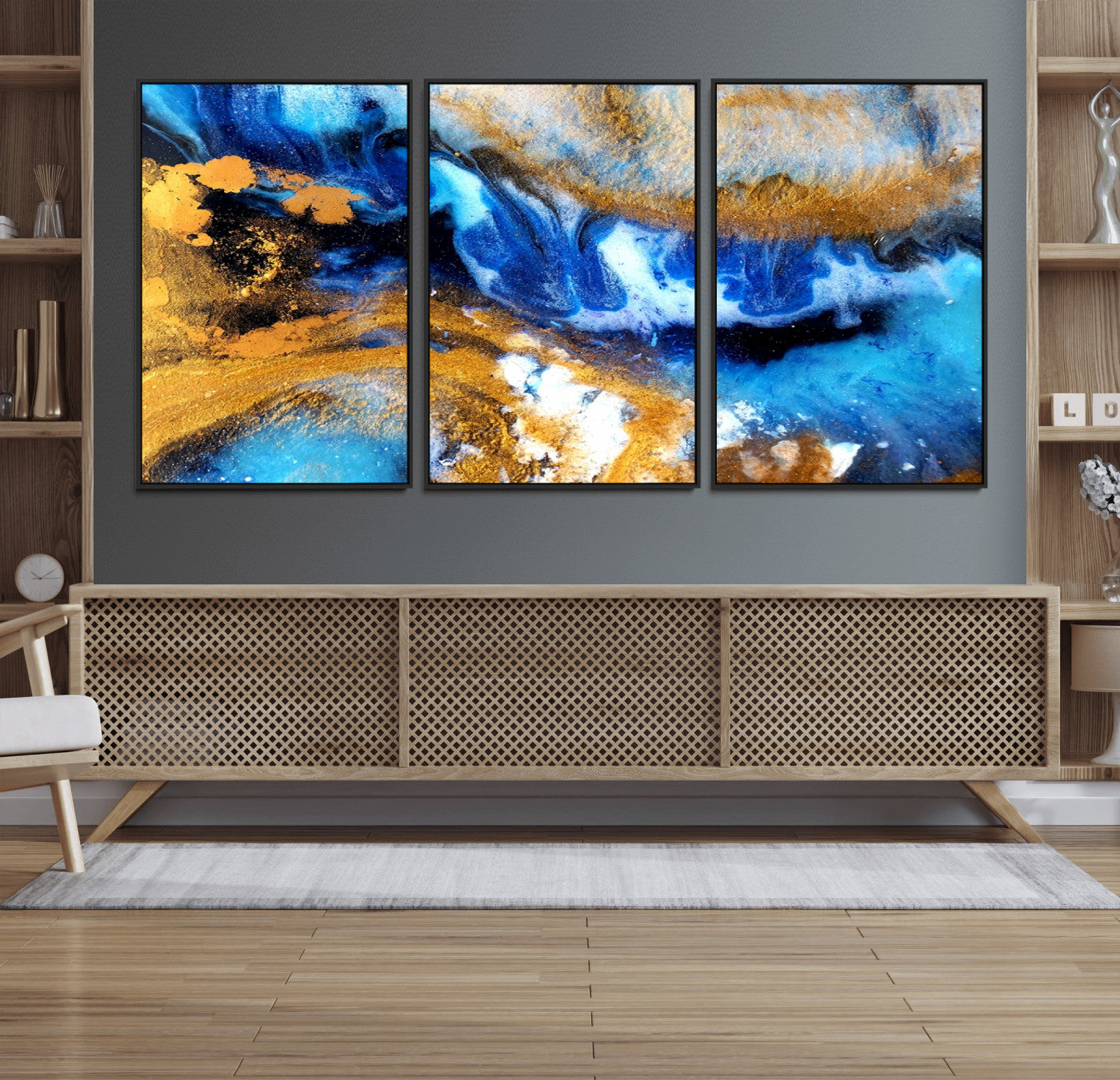 42100-MGV-FC-60X30-3P_Black-Blue Orange Marble Fluid Effect Canvas Wall Art Print