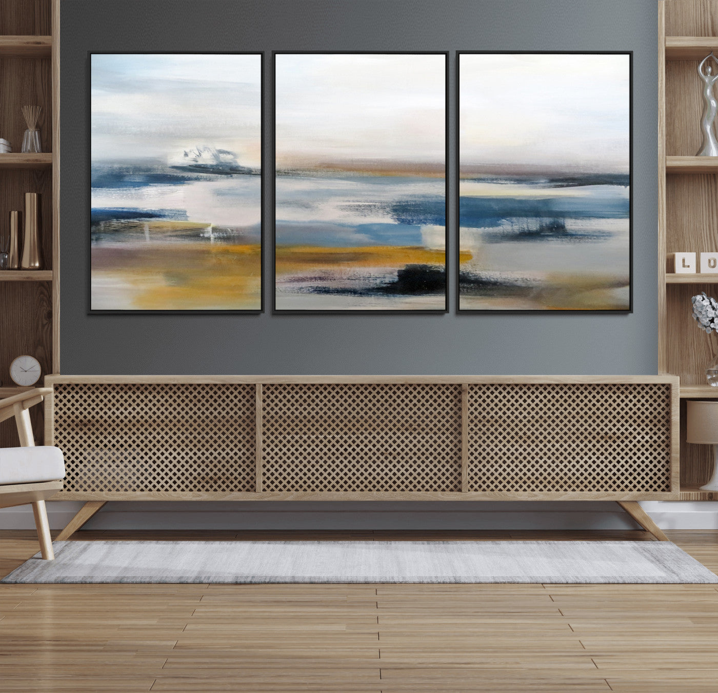 95919-MGV-FC-60X30-3P_Black-Abstract Landscape Wall Art Canvas | 3 Panel Modern Blue, Gold, and White Canvas Art for Living