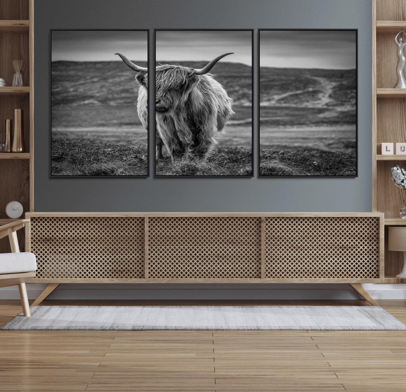 42995-MGV-CV-36X24-Fluffy Cattle Wall Art Print, Highland Cow Canvas, Framed Black and white Wall Art