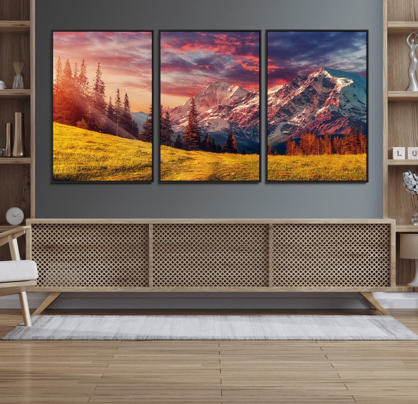 48448-MGV-FC-60X30-3P_Black-Mountain and Daylight Red Sunset Wall Art Canvas Print