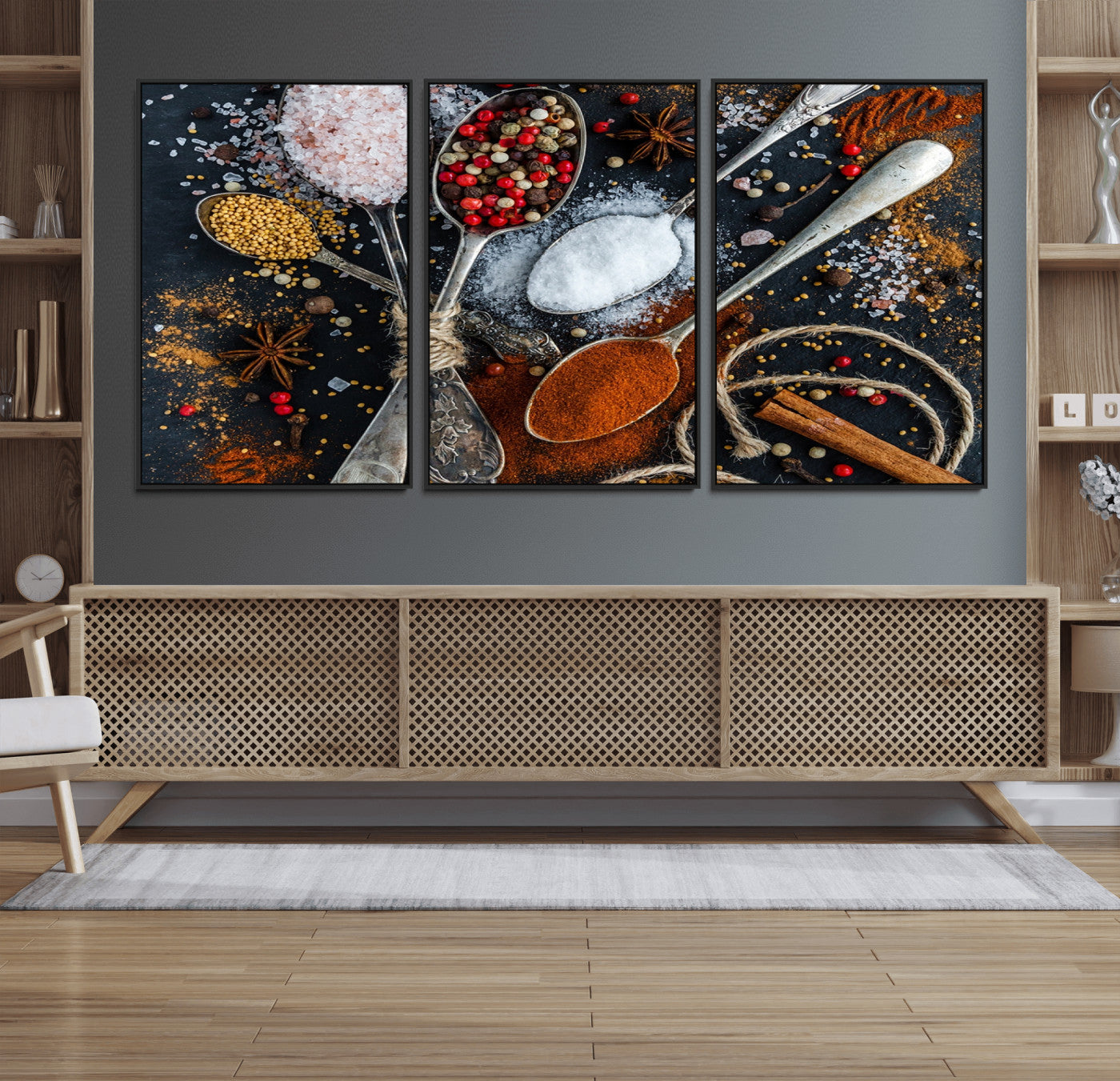 88449-MGV-FC-60X30-3P_Black-Spices and Seasonings Canvas Wall Art – Colorful Triptych Kitchen Decor – Culinary Art for Dining