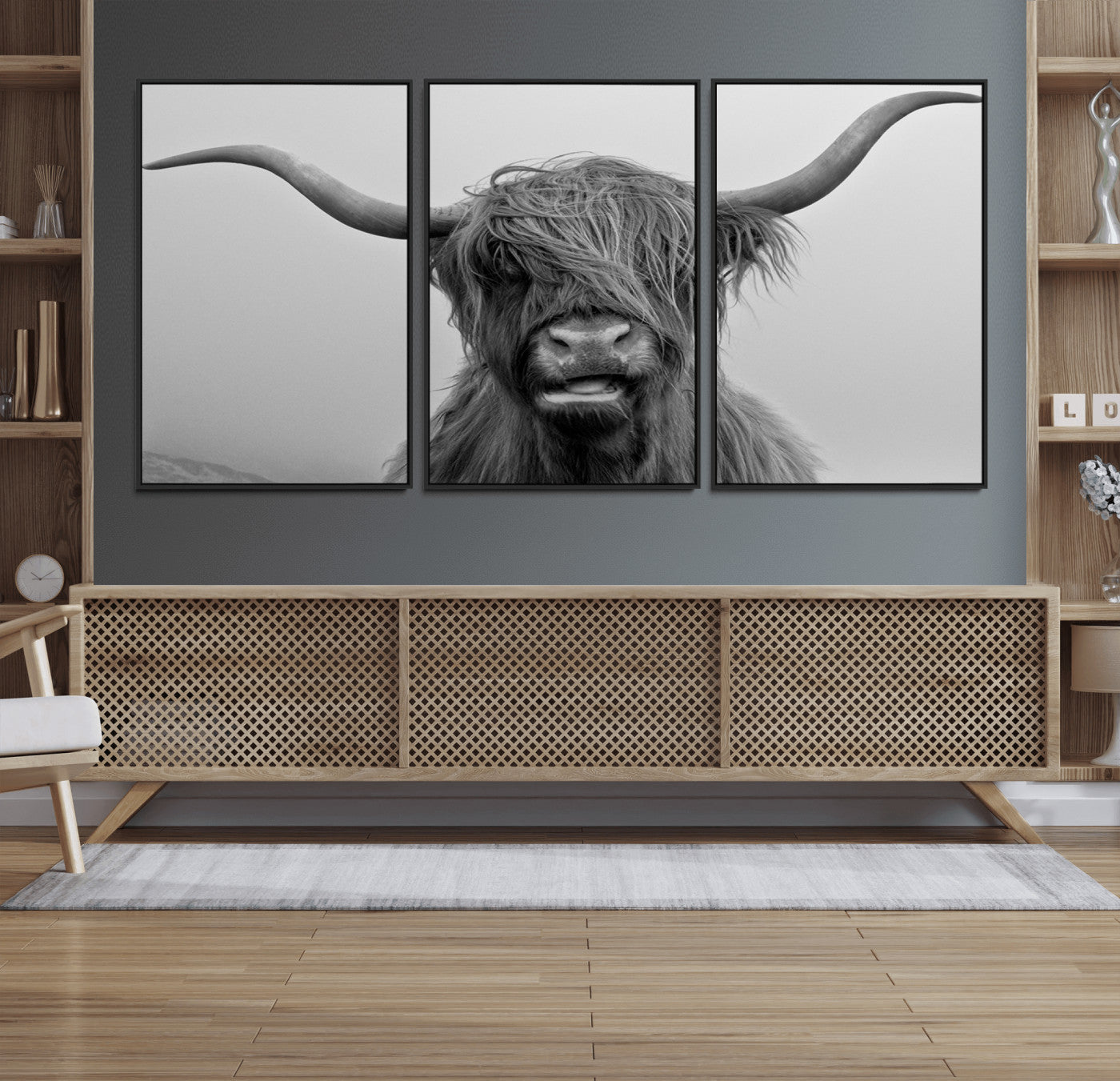 50834-MGV-FC-60X30-3P_Black-Texas Cow Wall Art Canvas, Texas Longhorn Cattle Canvas Print