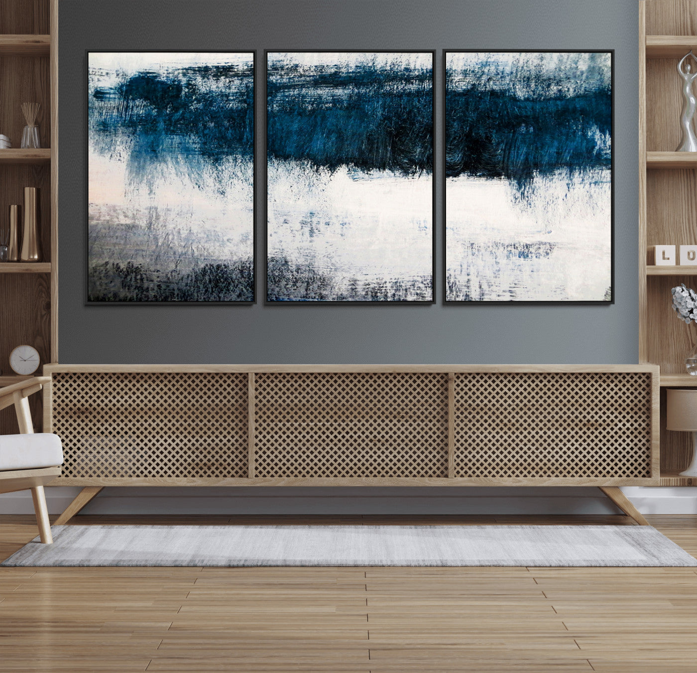 38954-MGV-CV-36X24-Abstract Blue and White Canvas Art | Large Wall Art for Modern Living Room Decor | Minimalist Brushstroke Painting on Canvas
