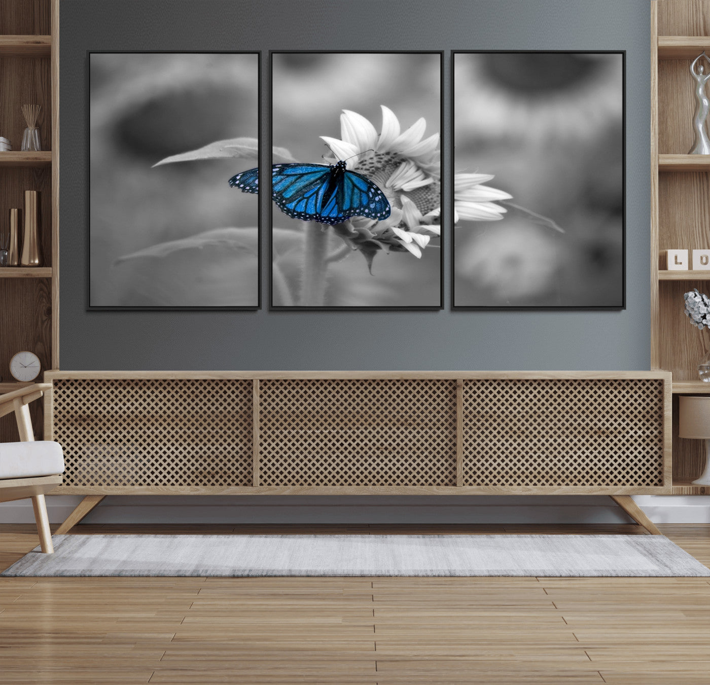 41965-MGV-FC-60X30-3P_Black-Blue Butterfly Black and White Canvas Wall Art