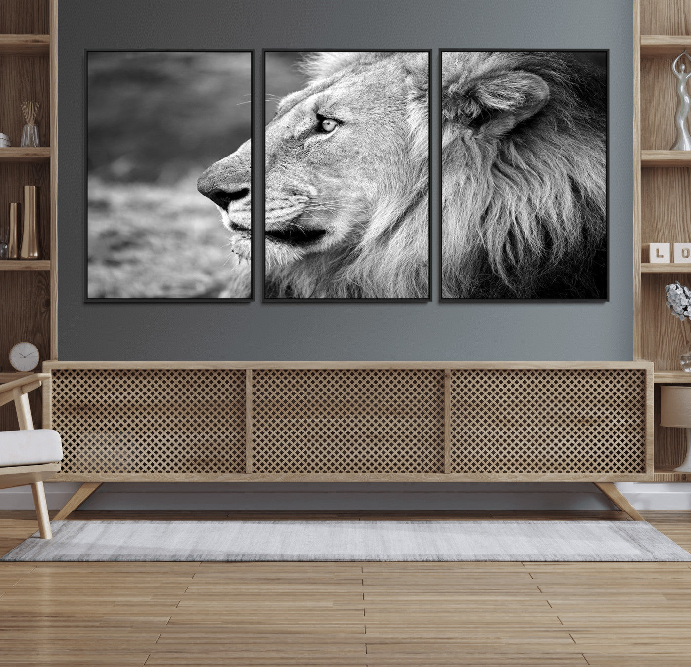 23833-MGV-FC-60X30-3P_Black-Lion Wall Art Canvas Print – Framed Majestic Wildlife Portrait Lion with Regal Presence Artwork for Home, Office