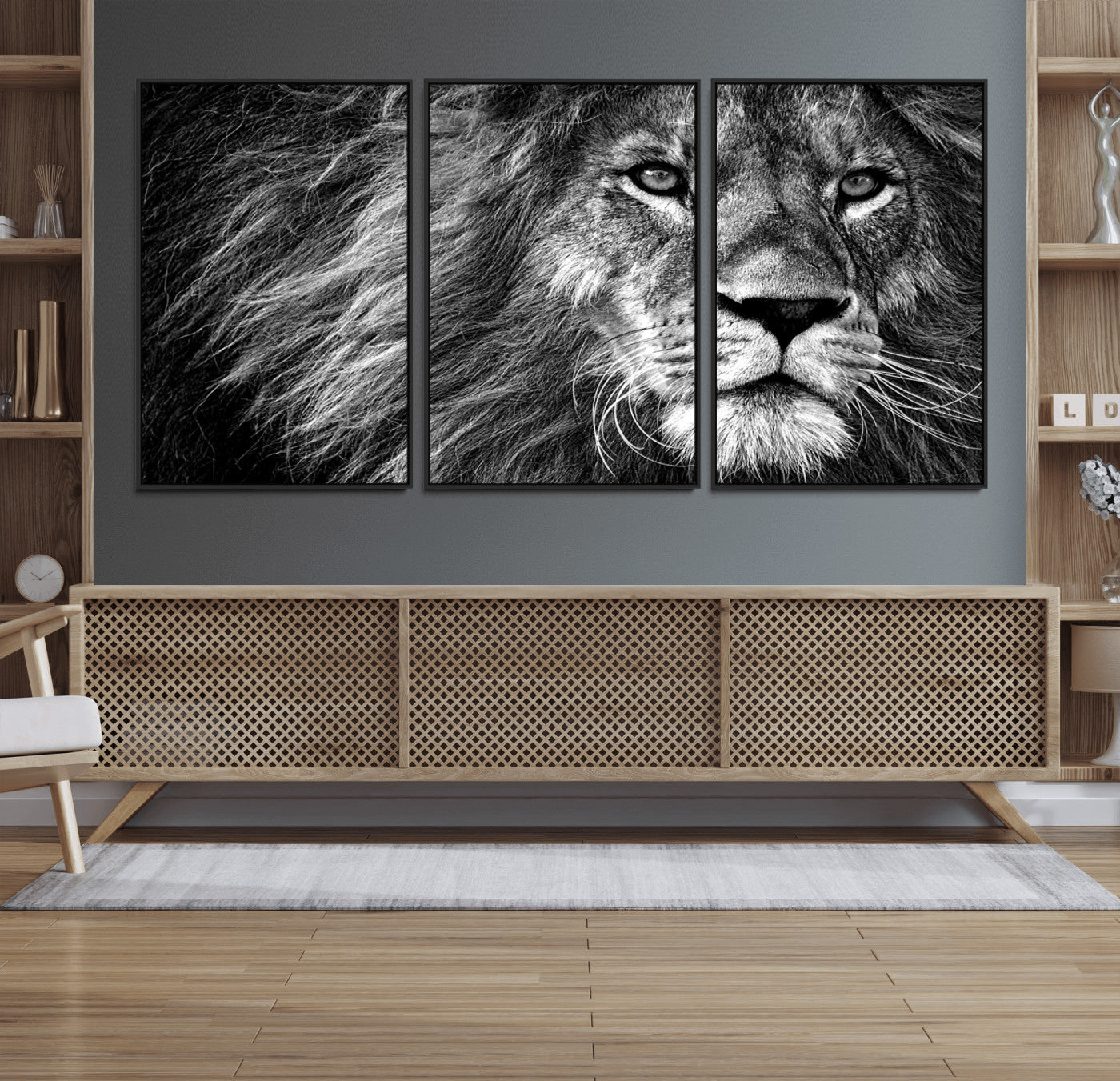 58363-MGV-FC-60X30-3P_Black-Black and White Lion Canvas Wall Art Print – Wildlife Portrait Artwork for Home, Office, Living Room, Guest Room