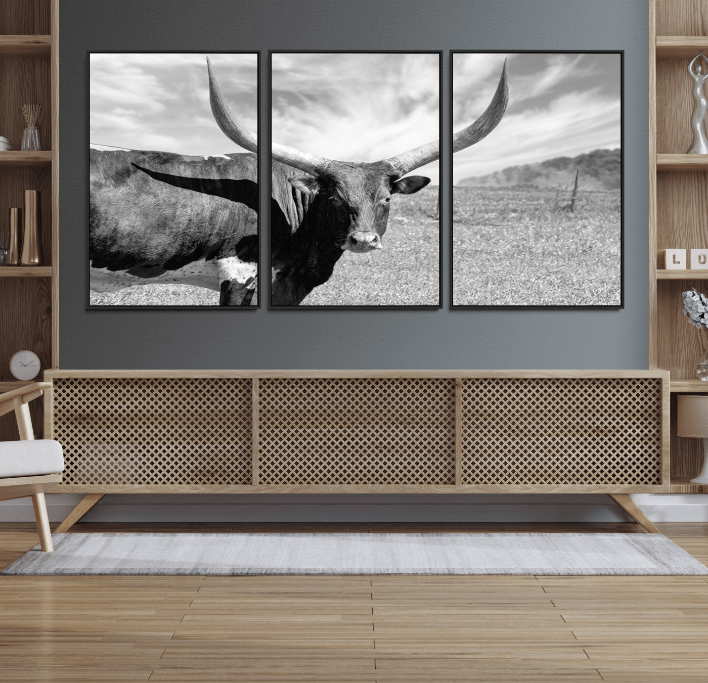 30017-MGV-FC-60X30-3P_Black-Longhorn Wall Art Canvas Print, Framed Ranch Wall Art Canvas Print