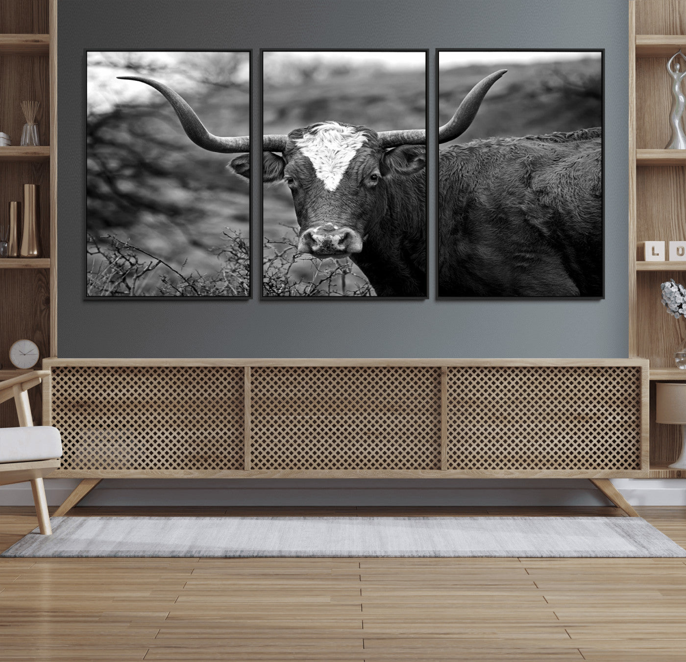 76200-MGV-FC-60X30-3P_Black-Western Home Wall Art Canvas Print, Framed Texas Longhorn Art Picture Print, Rustic Cow Perfect Rustic Farmhouse Decor Artwork
