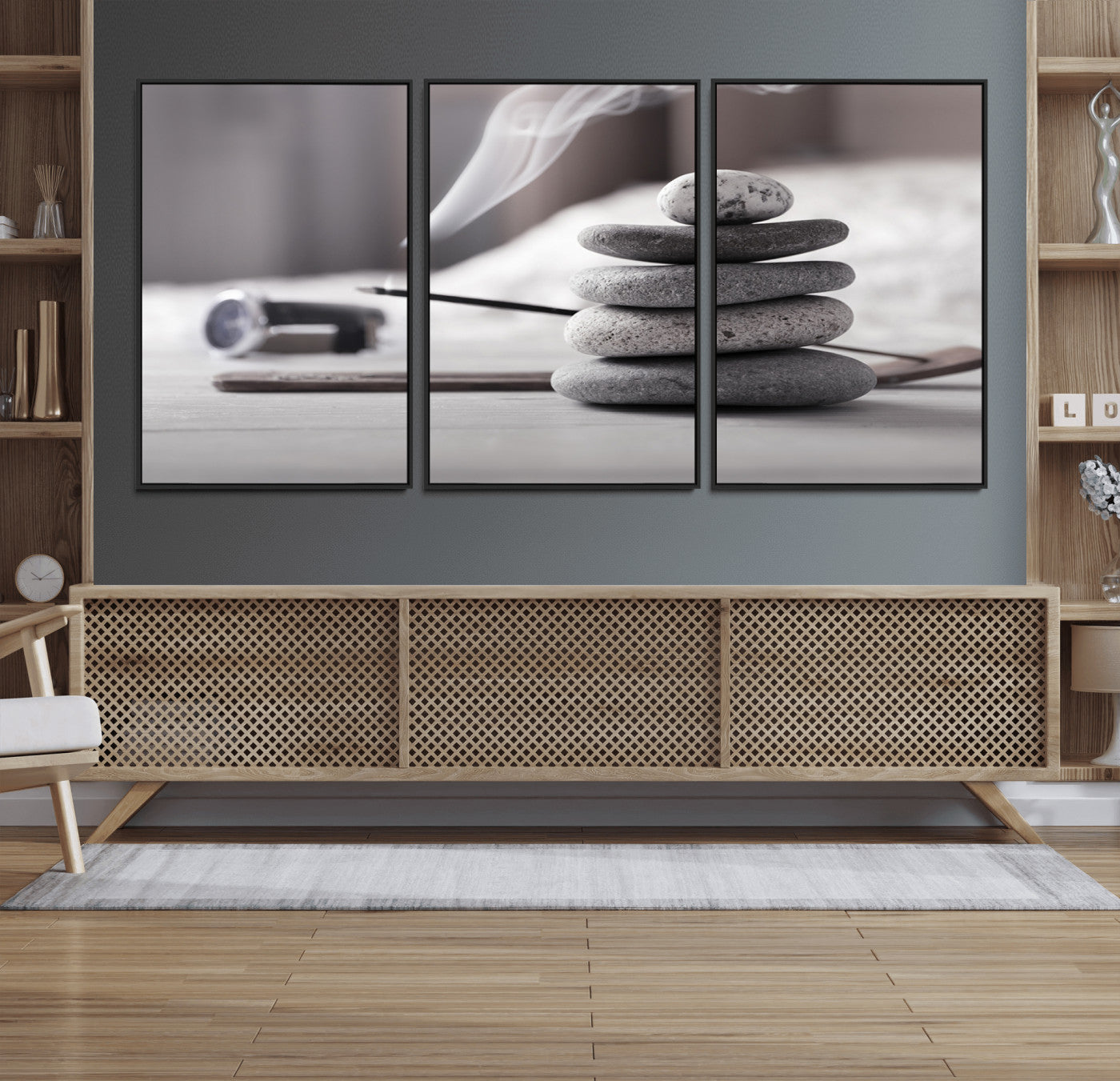 50072-MGV-FC-60X30-3P_Black-Burning Incense and Zen Stones Buddhism Wall Art, Zen Stones Wall Art Canvas Print