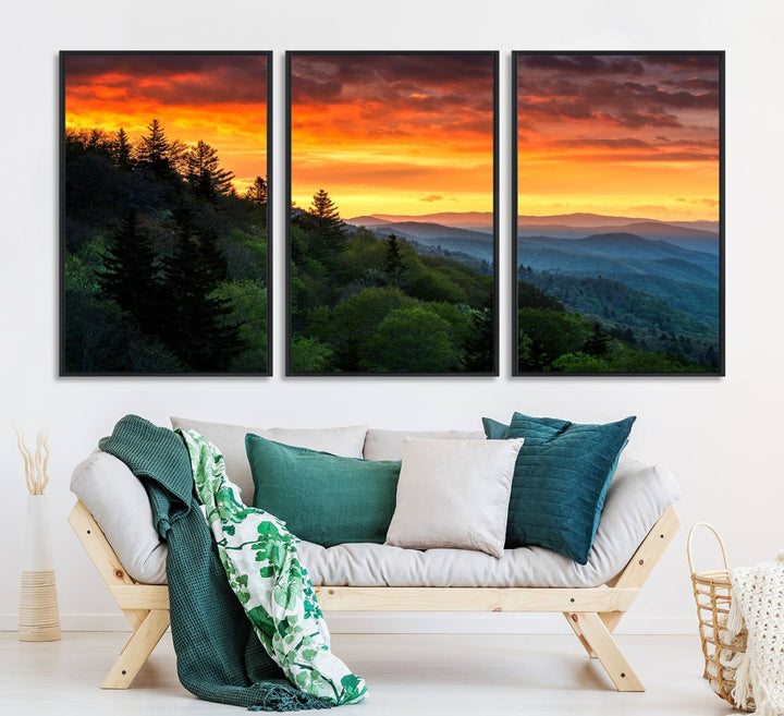 The Great Smoky Mountains Sunset Wall Art, a 3-panel print, beautifully captures natures beauty and is perfect for living room or office decor.