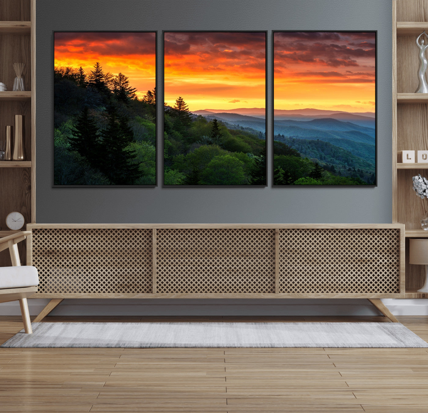 28501-MGV-FC-60X30-3P_Black-Great Smoky Mountains Sunset Wall Art Canvas Print | 3 Panel Large Nature Landscape Photography for