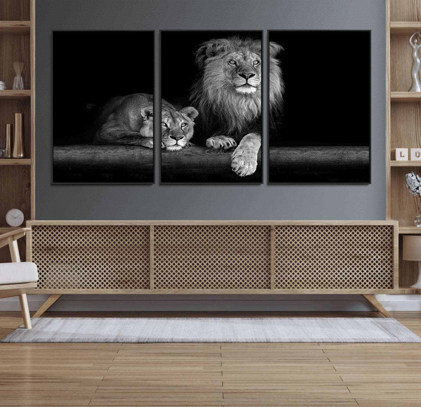 83601-MGV-FC-60X30-3P_Black-Lion Family Wall Art Canvas Print – Framed Majestic Wildlife Portrait Featuring Lion Family Natural Habitat Artwork for Home