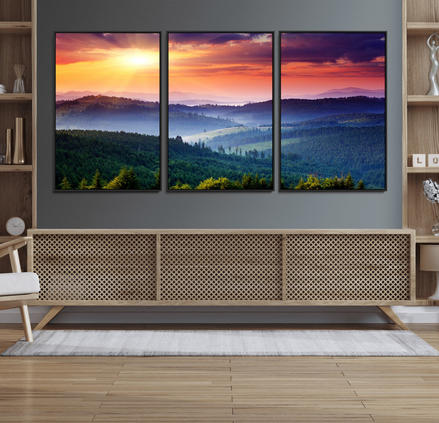 86411-MGV-FC-60X30-3P_Black-Beautiful Sunset over Hills Forest Landscape Canvas Wall Art Print