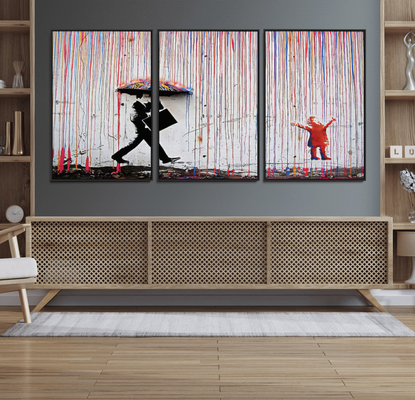 16292-MGV-FC-60X30-3P_Black-Banksy Wall Art Canvas Print, Framed Graffiti Art Picture Print, Banksy Urban Graffiti Perfect Modern Decor Artwork