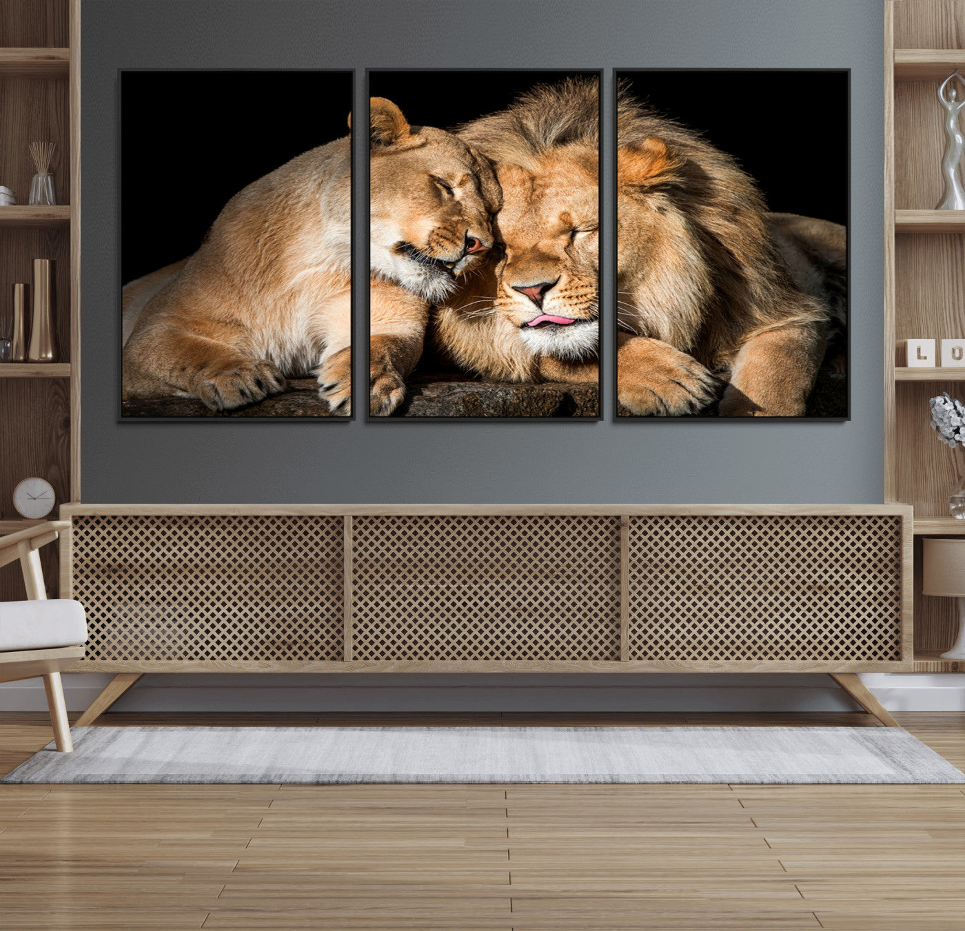 33694-MGV-FC-60X30-3P_Black-Lion and Lioness Wall Art Canvas Print – Framed African Wildlife Animal-Themed Artwork for Home, Office, Living Room