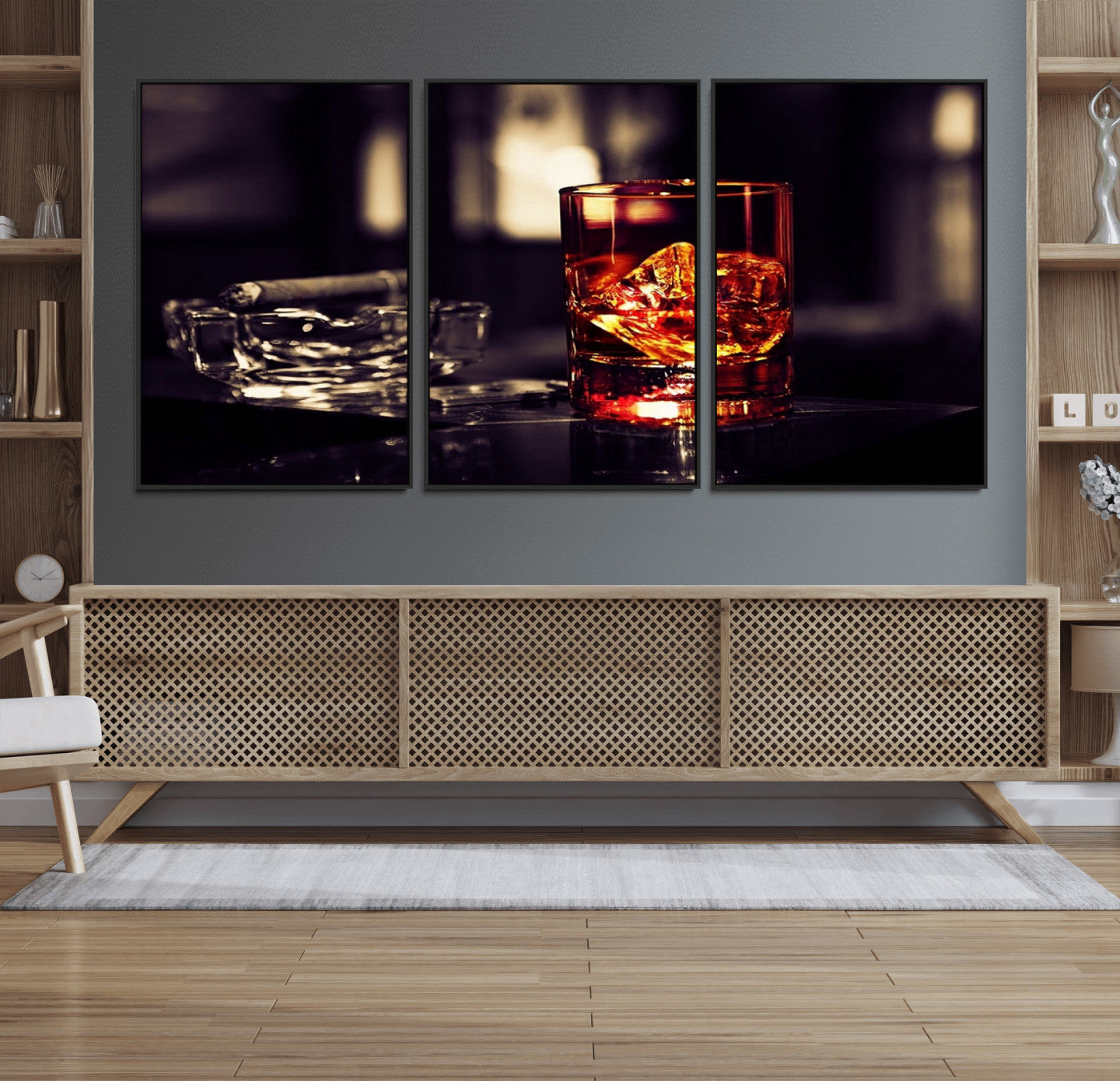 40315-MGV-FC-60X30-3P_Black-Whiskey and Cigar Canvas – Luxurious Wall Art for Home or Bar – Glass and Cigar Scene Print Canvas