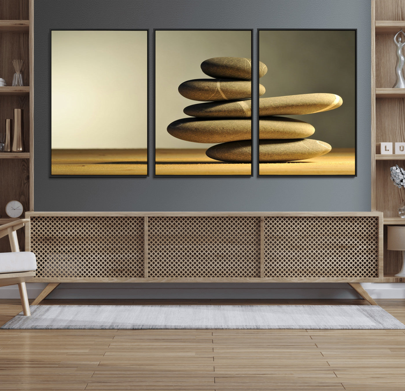 90045-MGV-FC-60X30-3P_Black-Fluvial Zen Stones Canvas Wall Art Print