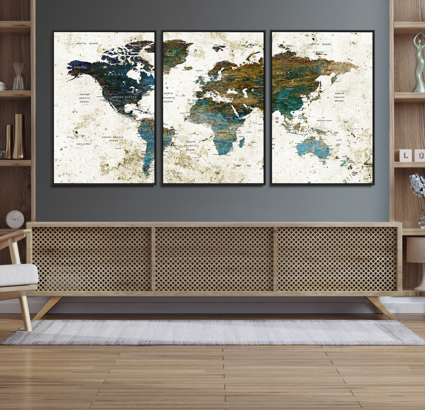 78067-MGV-CV-36X24-Vintage World Map Wall Art Canvas Print, Framed Rustic Earth Map Art Picture Print, Antique Map Perfect Rustic Vintage Decor Artwork