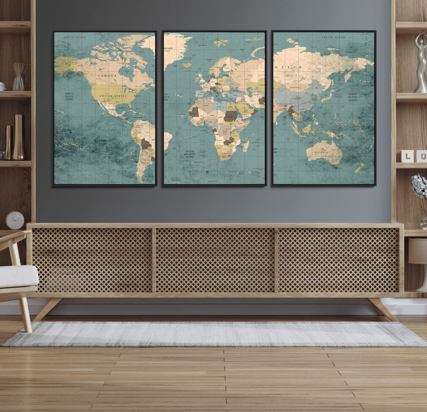 54872-MGV-FC-60X30-3P_Black-Classic World Map Canvas Print – Framed Vintage Map Wall Art, Retro Atlas Design for Rustic Explorer or Study Room Decor