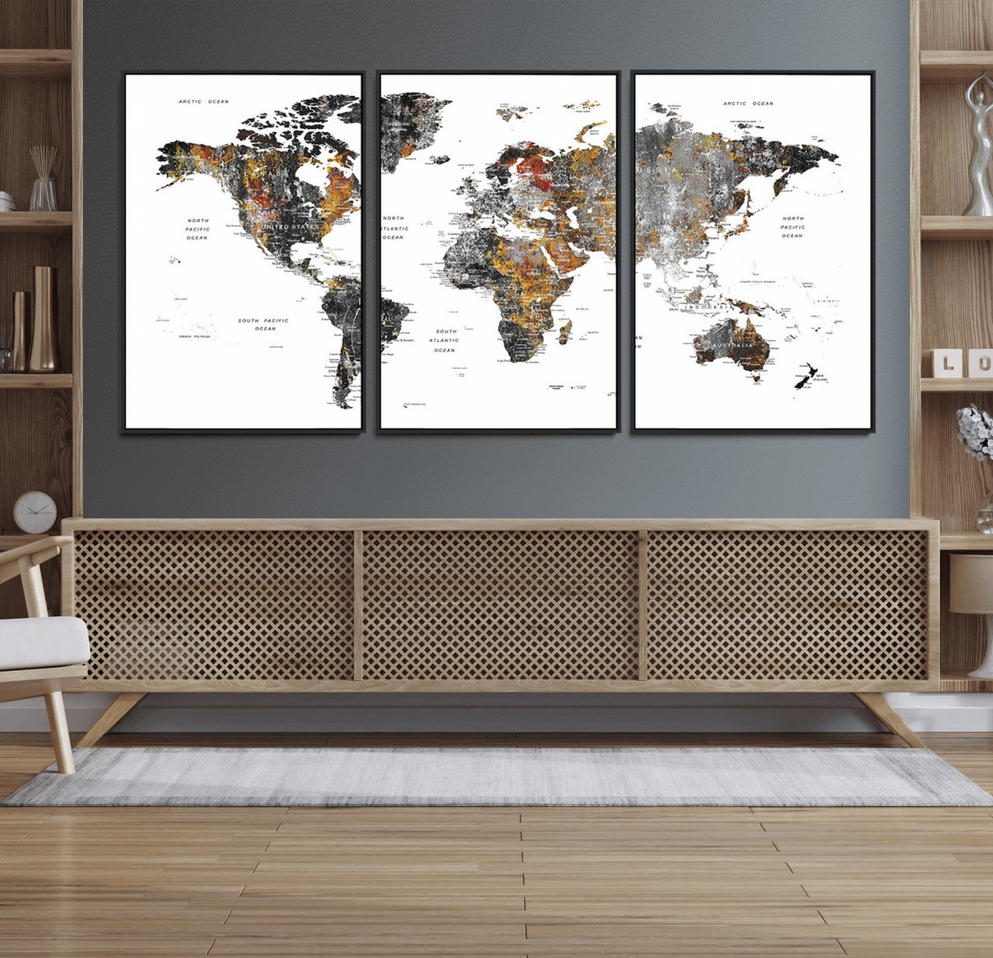 67481-MGV-FC-60X30-3P_Black-Modern Metallic World Map Canvas Wall Art – Framed Contemporary World Map Print, Stylish Travel Inspired Decor for Home and Office Walls
