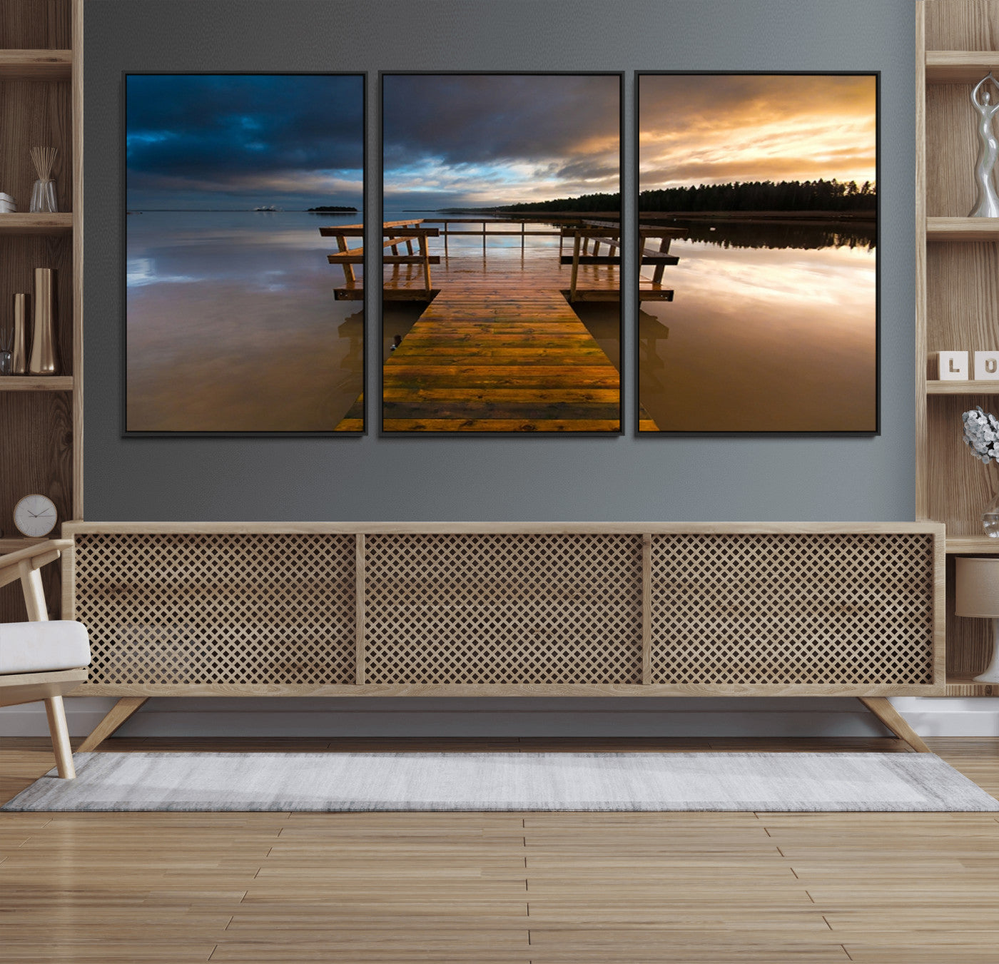 77616-MGV-FC-60X30-3P_Black-Serene Lake Pier at Sunset Canvas Print | Landscape Canvas Print | Ready to Hang and Framed Wall Art