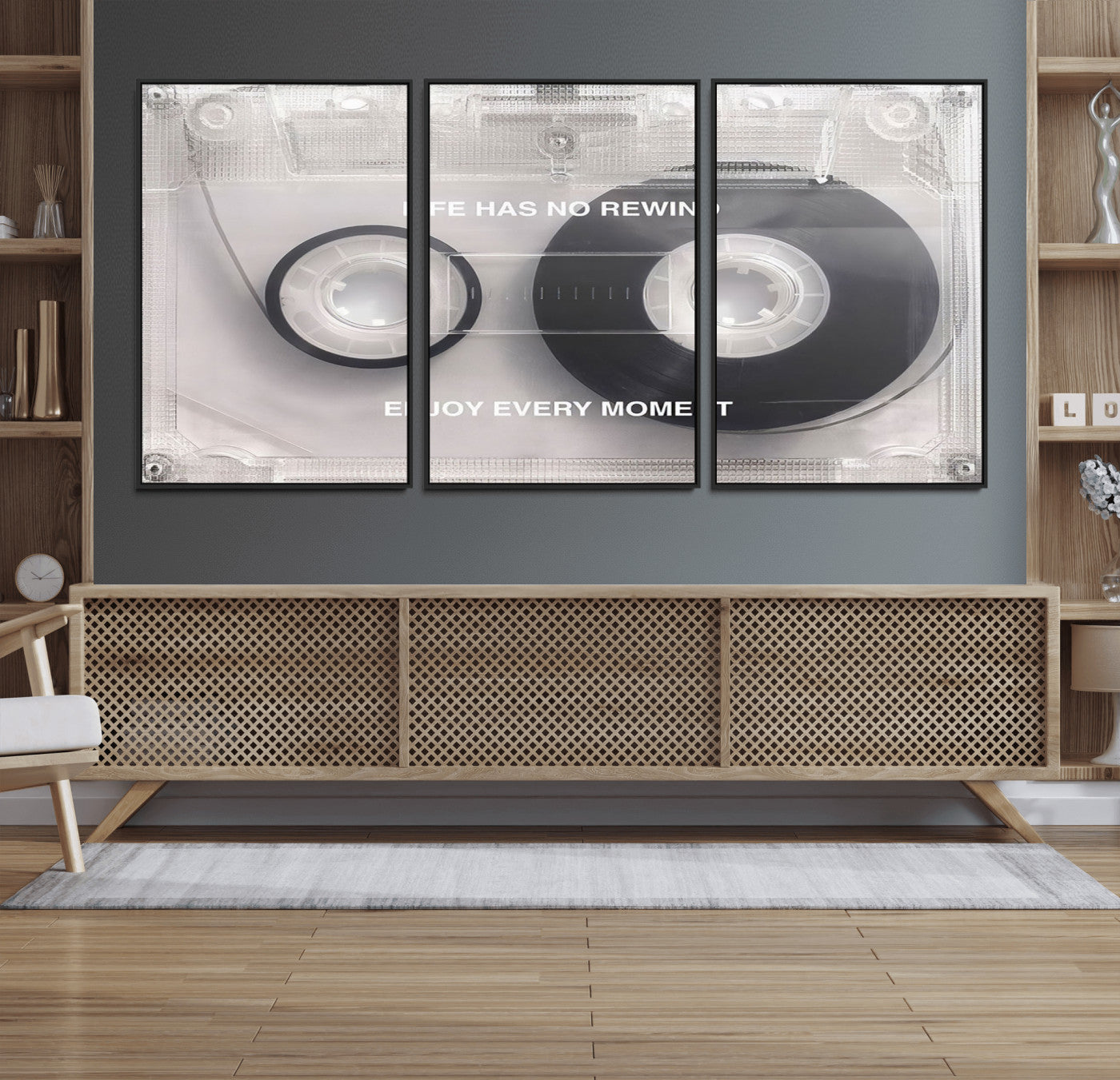 54028-MGV-FC-60X30-3P_Black-Vintage Cassette Tape Canvas Wall Art - Inspirational 'Life Has No Rewind' Quote, Retro Music Decor