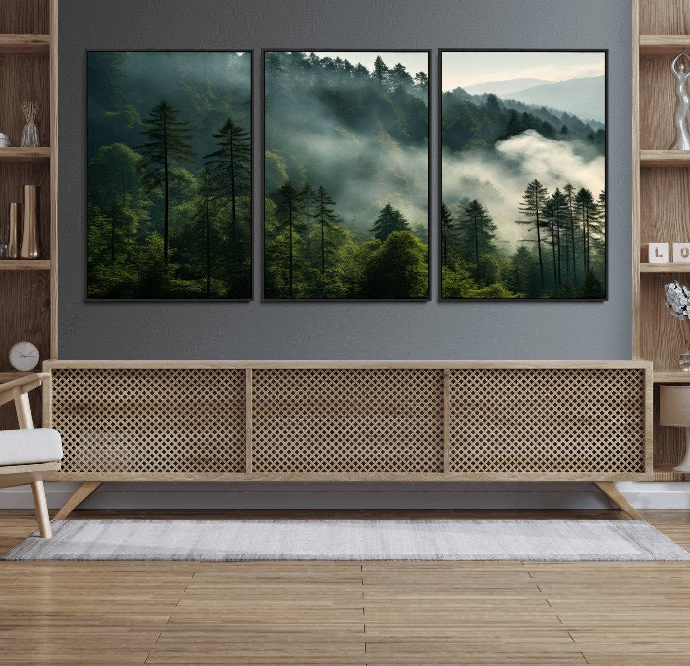13518-MGV-FC-60X30-3P_Black-Misty Forest Wall Art Premium Canvas Print a Foggy and Serene Atmosphere