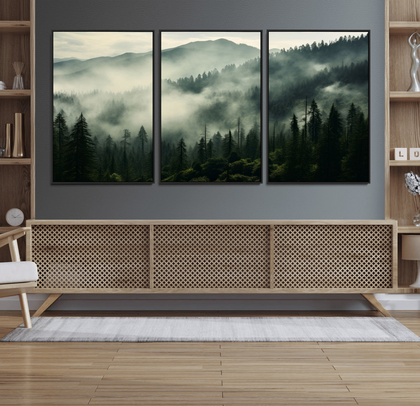 25295-MGV-FC-60X30-3P_Black-Captivating Misty Forest Wall Art Premium Canvas Print a Foggy and Serene Atmosphere