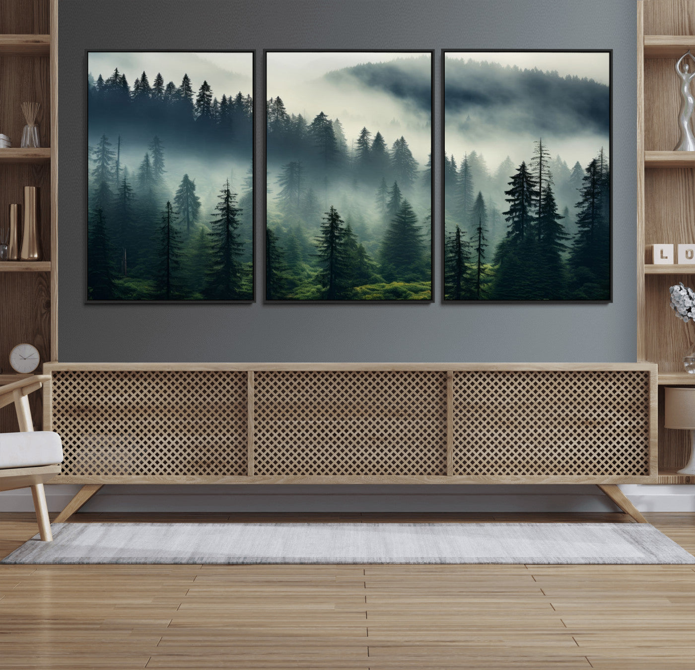 48606-MGV-FC-60X30-3P_Black-Captivating Misty Forest Wall Art Premium Canvas Print a Foggy and Serene Atmosphere